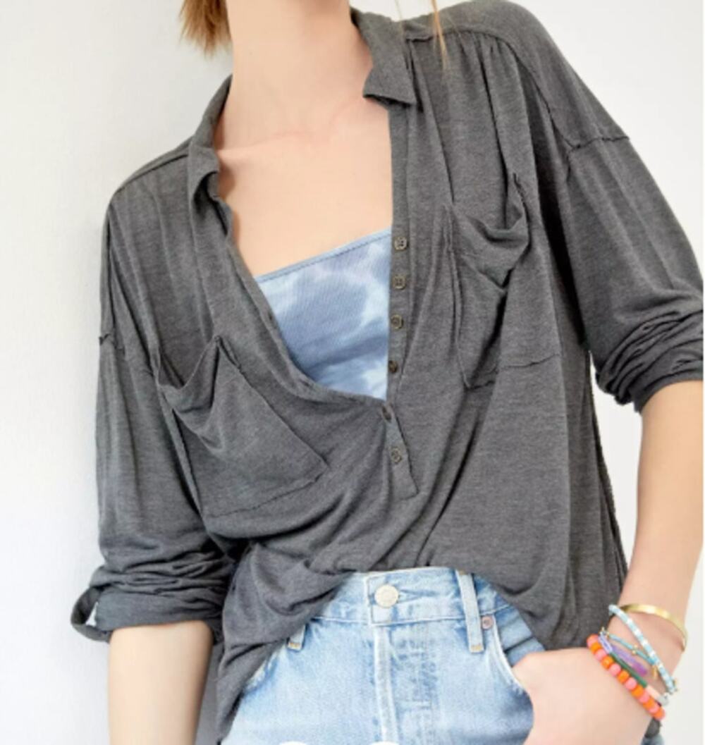 Pilcro 'Cooper' Gray Draped Henley Top sz S